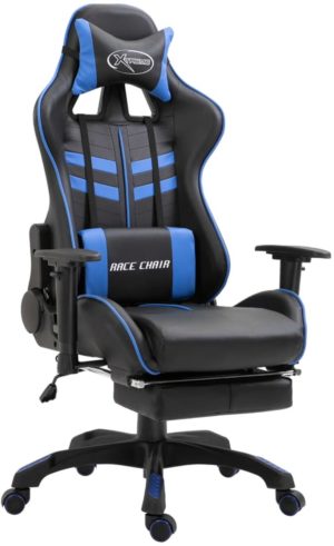 Luxe Gamestoel met voetenbankje Zwart blauw (Incl LW Fleece deken) - Gaming Stoel - Gaming Chair - Bureaustoel racing - Racestoel - Bureau stoel gamen