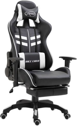 Luxe Gamestoel met voetenbankje Zwart wit (Incl LW Fleece deken) - Gaming Stoel - Gaming Chair - Bureaustoel racing - Racestoel - Bureau stoel gamen