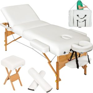 Massagetafel met matras van 10 cm hoog + witte rolkussens, draagtas en hocker