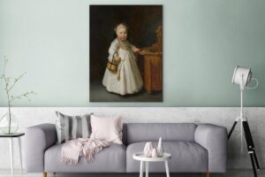 Meisje bij een kinderstoel - Schilderij van Govert Flinck Canvas 120x160 cm - Foto print op Canvas schilderij (Wanddecoratie woonkamer / slaapkamer) XXL / Groot formaat!