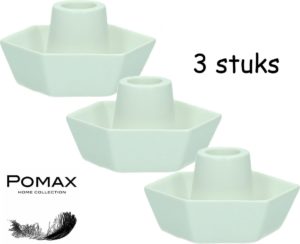 Pomax - kaarsenhouder - Kandelaar - zeshoekig - Porselein - Wit - 3 stuks - 10,2 x 9,1 x 5,2 cm
