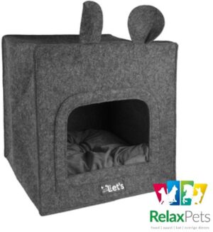 RelaxPets - Cat Cave - Kattenmand - Let's Sleep - Poezenmand - Inclusief kussen - Recycled Polyester - Oersterk - Vilt - Fleece - Antraciet - 40x40x40cm