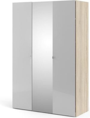 Saskia kledingkast 1 spiegeldeur + 2 deuren wit hoogglans en eiken decor.
