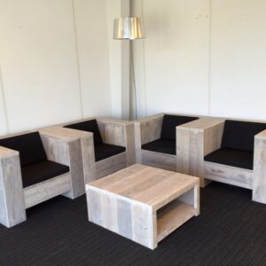 Steigerhout tuinset Block-60x60 hocker-2 loungestoelen