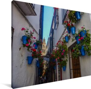 Straatbeeld met blauwe bloempoten van Cordoba Spanje Canvas 160x120 cm - Foto print op Canvas schilderij (Wanddecoratie woonkamer / slaapkamer) / Europese steden Canvas Schilderijen XXL / Groot formaat!