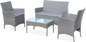 Tuinset Moltès - 4 plaatsen - wicker - 2 fauteuils, 1 sofa en 1 salontafel - grijs/grijs