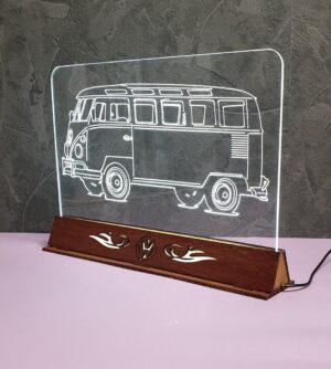 VW Bus - Tafellamp - Nachtlamp - Led - Lamp - Houten - Voet - Plexiglas - Doorzichtig