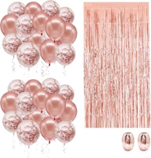 Verjaardags Versiering Feestpakket Rose Goud - Feest Decoratie met Confetti Ballonnen en Sliertjes Gordijn - Ideaal voor Feesten, Bruiloft en Verjaardagen