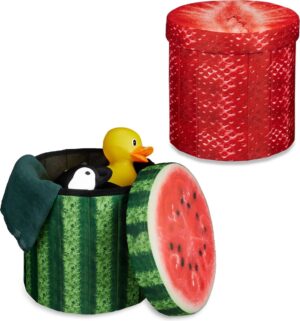relaxdays 2 x ronde poef met opslagruimte - hocker - zetel - krukje rond - meloen aardbei