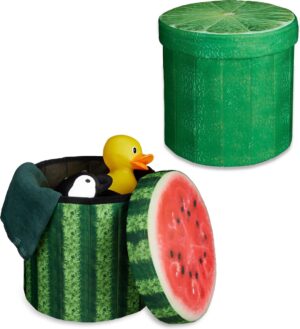 relaxdays 2 x ronde poef met opslagruimte - hocker - zetel - krukje rond - meloen limoen