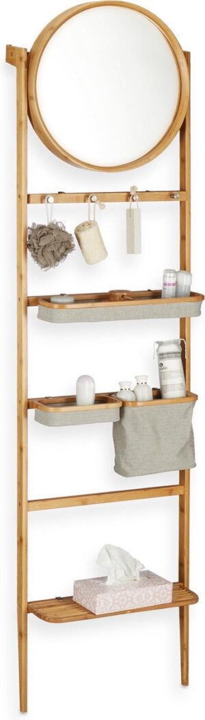 relaxdays badkamerrek met spiegel - ladderrek voor de muur - smal rek - bamboe - vakken