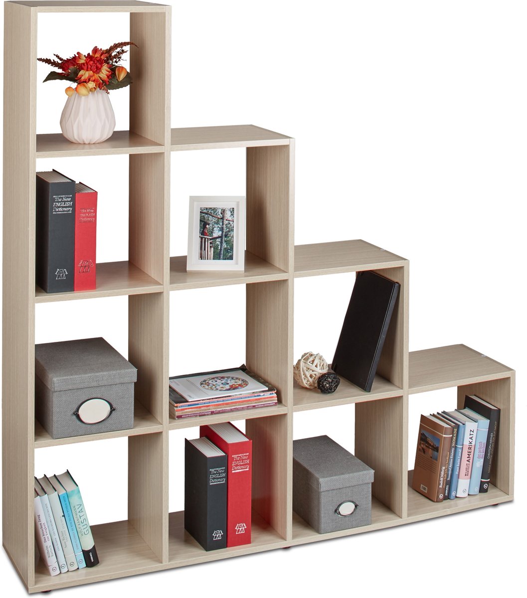 Fitness compromis Literaire kunsten relaxdays - boekenkast hout met 10 vakken - roomdivider - trapvormige rek /  kast houtlook - Woonaanraders