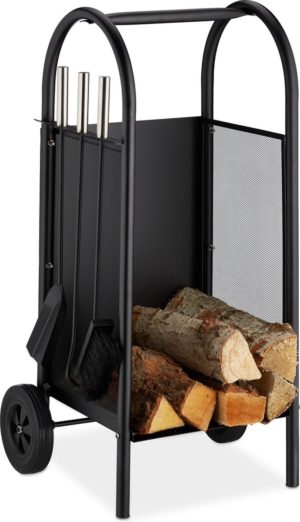 relaxdays brandhoutwagen - houtopslag met wielen - houtwagen met haard gereedschap - zwart