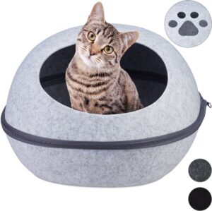 relaxdays kattenmand vilt - moderne katten slaapplek - ovaal - kattenhuisje - met kussen Lichtgrijs