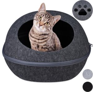 relaxdays kattenmand vilt - moderne katten slaapplek - ovaal - kattenhuisje - met kussen antraciet