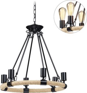 relaxdays kroonluchter industrieel - 6-lichts - hanglamp - touwlamp - touw - vintage - E27