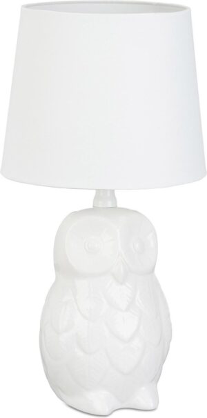 relaxdays tafellamp uil - keramiek - nachtlamp - stoffen lampenkap - leeslamp - wit design