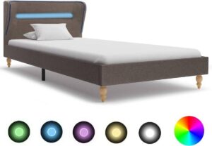 Bedframe Bruin Taupe 90x200 cm Stof met LED (Incl LW Led klok) - Bed frame met lattenbodem - Tweepersoonsbed Eenpersoonsbed