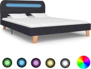 Bedframe Donkergrijs 140x200 cm Stof met LED (Incl LW Led klok) - Bed frame met lattenbodem - Tweepersoonsbed Eenpersoonsbed