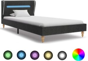 Bedframe Donkergrijs 90x200 cm Stof met LED (Incl LW Led klok) - Bed frame met lattenbodem - Tweepersoonsbed Eenpersoonsbed