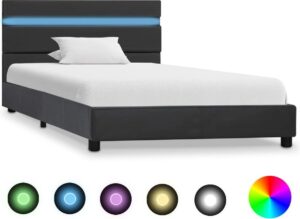 Bedframe Grijs 100x200 cm Kunstleer met LED (Incl LW Led klok) - Bed frame met lattenbodem - Tweepersoonsbed Eenpersoonsbed