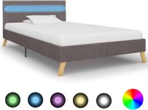 Bedframe Grijs 100x200 cm Stof met LED (Incl LW Led klok) - Bed frame met lattenbodem - Tweepersoonsbed Eenpersoonsbed