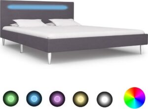 Bedframe Grijs 140x200 cm Stof met LED (Incl LW Led klok) - Bed frame met lattenbodem - Tweepersoonsbed Eenpersoonsbed