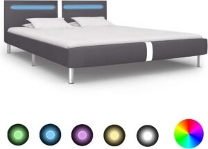 Bedframe Grijs 160x200 cm Kunstleer met LED (Incl LW Led klok) - Bed frame met lattenbodem - Tweepersoonsbed Eenpersoonsbed