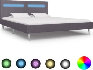 Bedframe Grijs 180x200 cm Stof met LED (Incl LW Led klok) - Bed frame met lattenbodem - Tweepersoonsbed Eenpersoonsbed