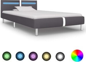 Bedframe Grijs 90x200 cm Kunstleer met LED (Incl LW Led klok) - Bed frame met lattenbodem - Tweepersoonsbed Eenpersoonsbed