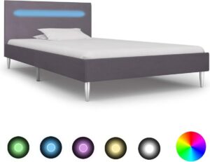 Bedframe Grijs 90x200 cm Stof met LED (Incl LW Led klok) - Bed frame met lattenbodem - Tweepersoonsbed Eenpersoonsbed