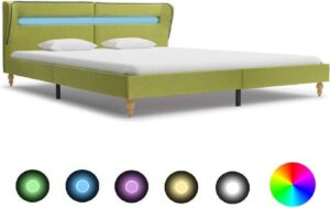 Bedframe Groen 160x200 cm Stof met LED (Incl LW Led klok) - Bed frame met lattenbodem - Tweepersoonsbed Eenpersoonsbed