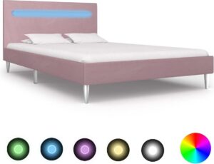 Bedframe Roze 120x200 cm Stof met LED (Incl LW Led klok) - Bed frame met lattenbodem - Tweepersoonsbed Eenpersoonsbed