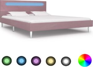 Bedframe Roze 140x200 cm Stof met LED (Incl LW Led klok) - Bed frame met lattenbodem - Tweepersoonsbed Eenpersoonsbed