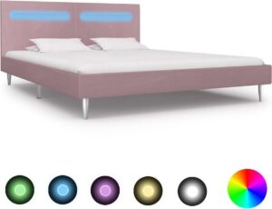 Bedframe Roze 160x200 cm Stof met LED (Incl LW Led klok) - Bed frame met lattenbodem - Tweepersoonsbed Eenpersoonsbed