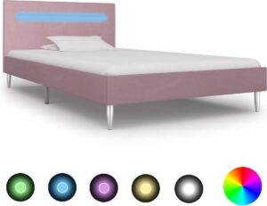 Bedframe Roze 90x200 cm Stof met LED (Incl LW Led klok) - Bed frame met lattenbodem - Tweepersoonsbed Eenpersoonsbed