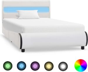 Bedframe Wit 100x200 cm Kunstleer met LED (Incl LW Led klok) - Bed frame met lattenbodem - Tweepersoonsbed Eenpersoonsbed