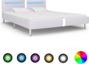 Bedframe Wit 160x200 cm Kunstleer met LED (Incl LW Led klok) - Bed frame met lattenbodem - Tweepersoonsbed Eenpersoonsbed