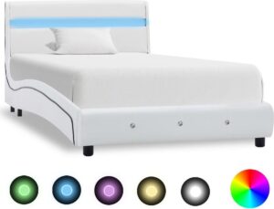 Bedframe Wit 900x200 cm Kunstleer met LED (Incl LW Led klok) - Bed frame met lattenbodem - Tweepersoonsbed Eenpersoonsbed