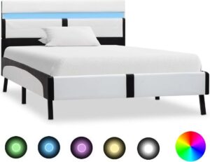 Bedframe Wit 90x200 cm Kunstleer met LED (Incl LW Led klok) - Bed frame met lattenbodem - Tweepersoonsbed Eenpersoonsbed