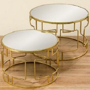 Bijzet tafel- Rond - Salon tafel - 2 set - Smeedijzer - spiegel - Ø 58cm - Ø 70cm - Goud