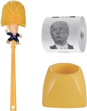 Donald Trump toiletborstel met houder| Inclusief grappig toiletpapier | WC borstel | Giftset | Leuk cadeau | Grappig geschenk