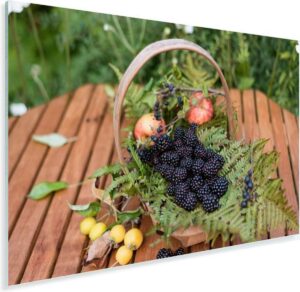 Een mandje gevuld met bramen op picknicktafel Plexiglas 120x80 cm - Foto print op Glas (Plexiglas wanddecoratie)