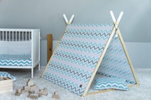 FUJL - Speeltent - Kinderspeeltent - kindertent - Speelhuis - Tent - Blauw / Roze / Grijs Zigzag patroon