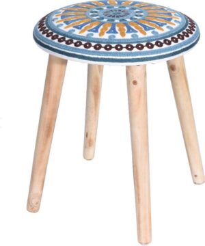 Krukje etnisch met houten poten - prachtige kruk - 32XH40cm - Blauw - decoratief krukje - deco krukje