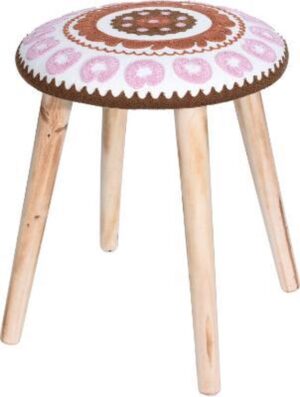 Krukje etnisch met houten poten - prachtige kruk - 32XH40cm - Roze - decoratief krukje - deco krukje