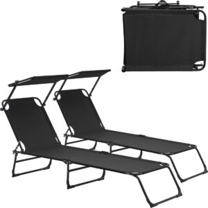Ligbed - ligstoel met zonneluifel - 2stuks set - Zwart
