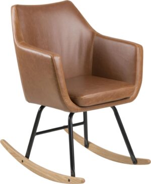 Norman schommelstoel, cognac PU kunstleer, zwart metaal, eiken.