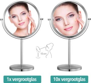 Omliox Make Up Spiegel - Metalen Ronde Standspiegel - 10x Vergroting - Ø19cm