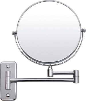 Ronde MakeUp Spiegel voor aan de Wand - Scheerspiegel - 5 x Vergrotende en Normale Cosmetica Wandspiegel om je Op te Maken - Dubbelzijdig - 20 cm diameter - Zilver